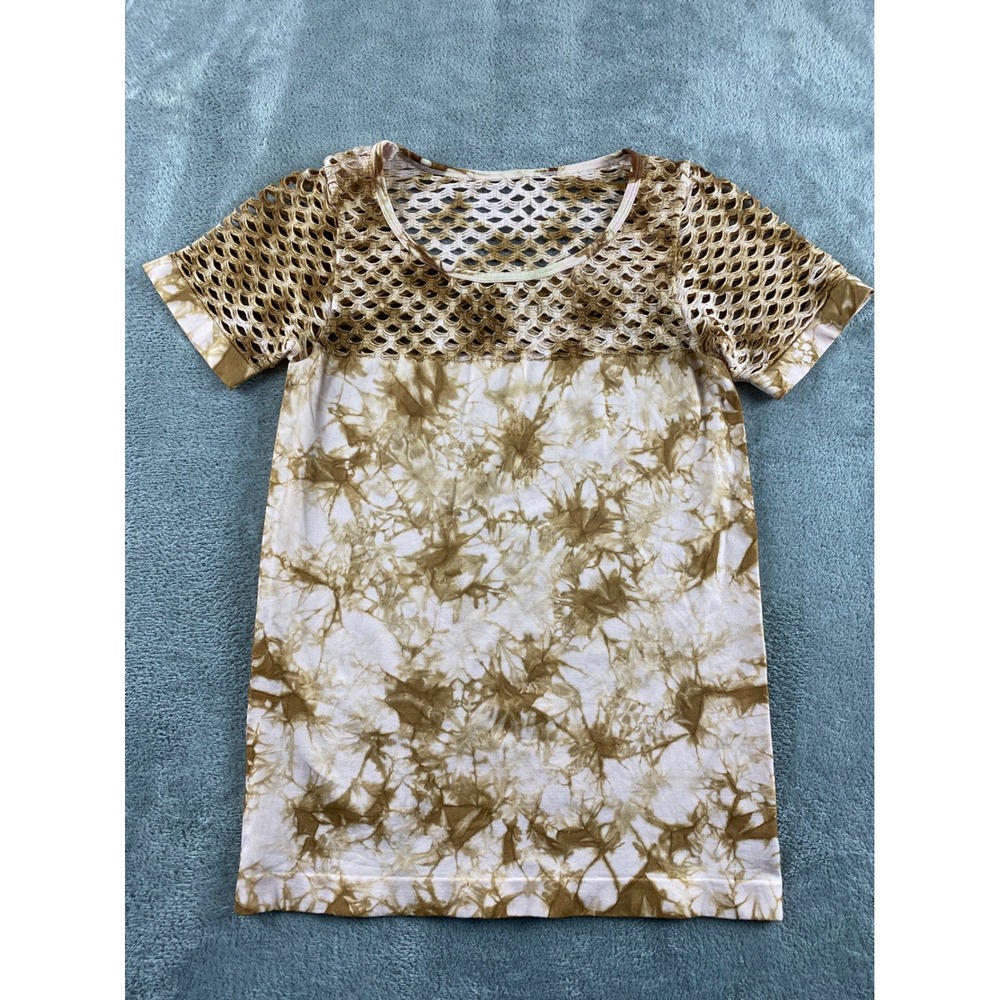 Venus Womens Tan White Tie Dye Mesh Lattice Short Sleeve Top Size Medium SP 21
